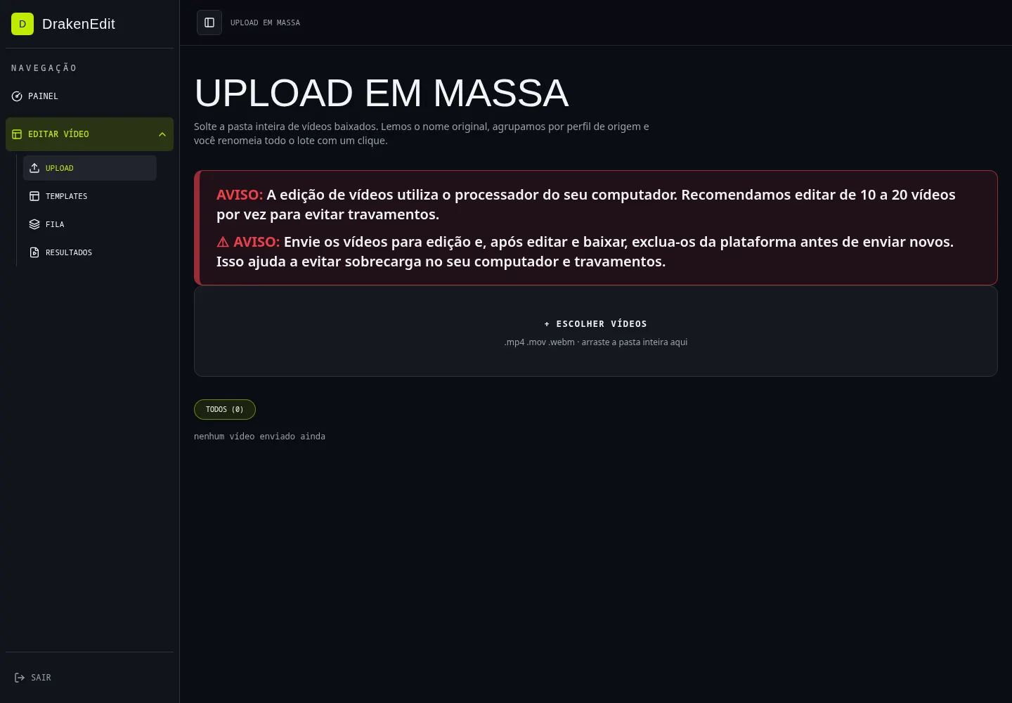 Tela real de upload em massa do DrakenEdit